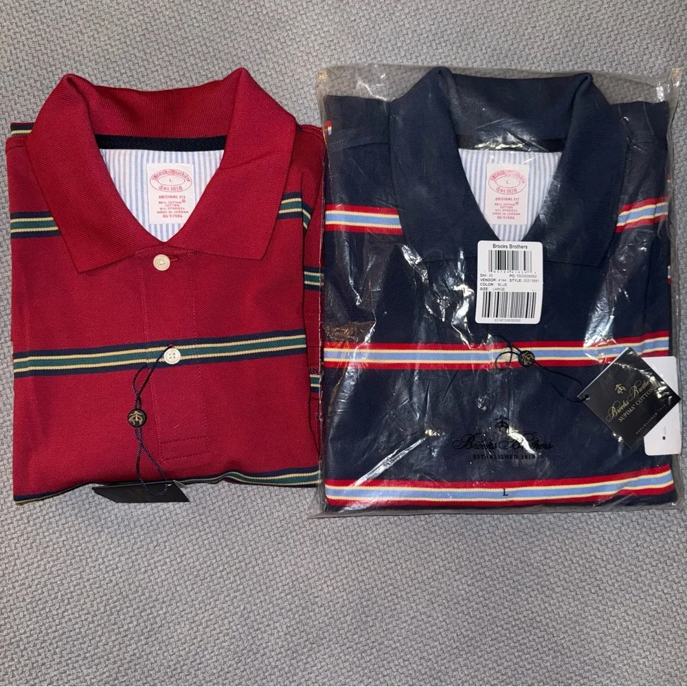Brooks Brothers 2 shirt bundle- maroon Polo with Green/Navy Stripes & Navy polo